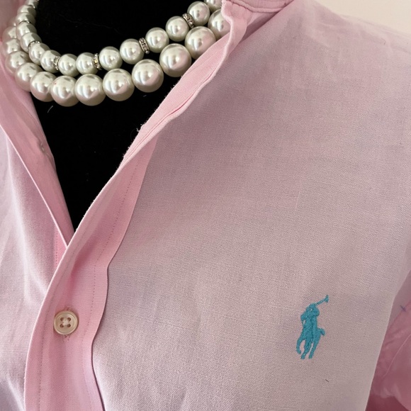 Ralph Lauren Tops - Ralph Lauren Upcycle - Pink Button-Up Ruffle Neck Shirt with Teal Logo